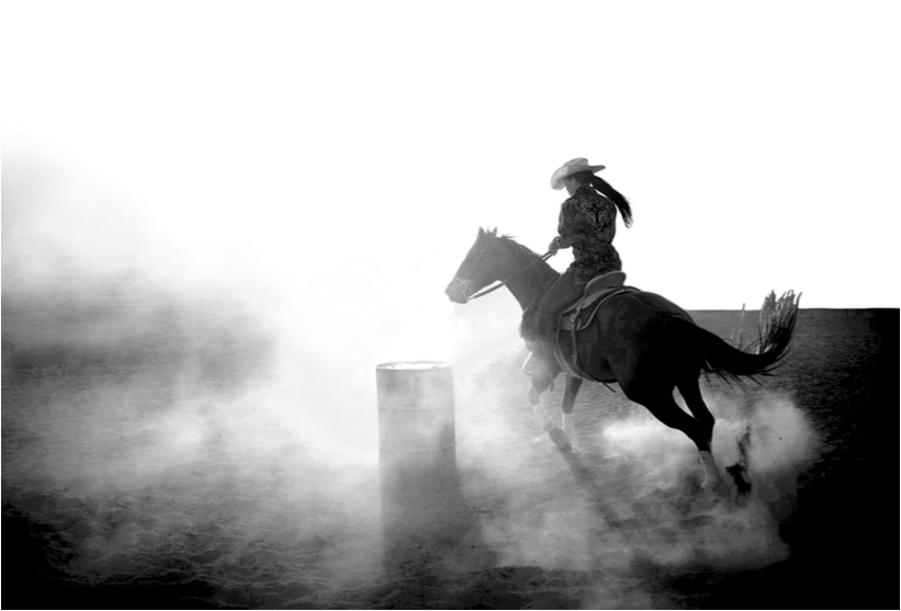 Barrel racer in black and white