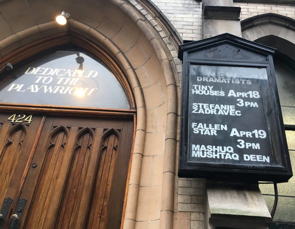 The front door of "New Dramatists" with marquee advertising "Fallen Star"