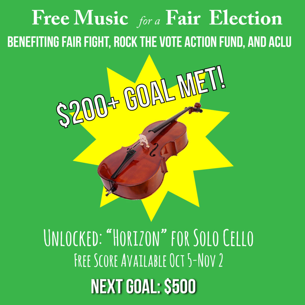 "$200+ Goal Met!" with picture of cello over yellow starburst