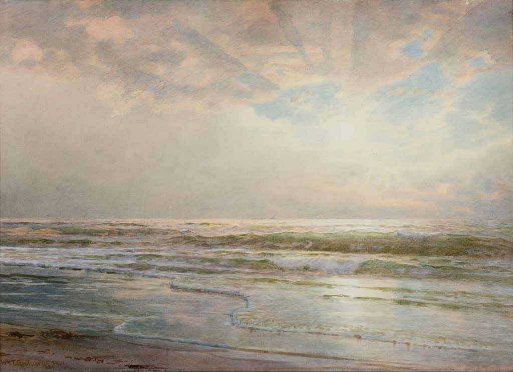 Painting of ocean, sky, and horizon with bright, pale light