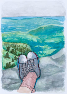 Watercolor painting of Appalachian mountain view from the point of a view of a hiker resting, with a pair of feet wearing Converse sneakers in the foreground