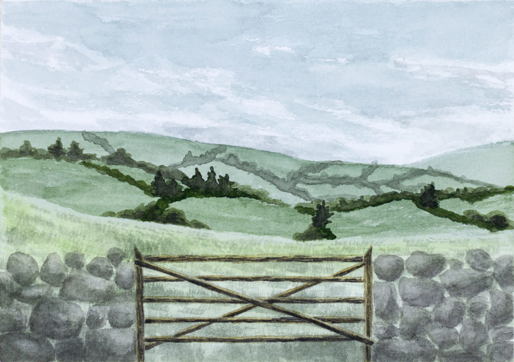 Watercolor painting of British countryside behind stone wall with gate.