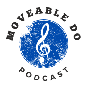 Logo for Moveable Do Podcast showing a white treble clef on a blue circular background